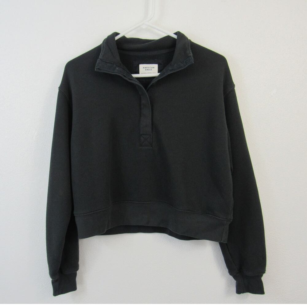 American Eagle XS Black Cropped Sweater Collared Casual Preppy Pullover AEO
